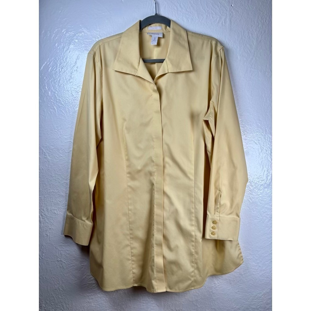 Chicos Button Down Shirt Yellow XL No-Iron Cotton Long Sleeve Pastel Office Chic